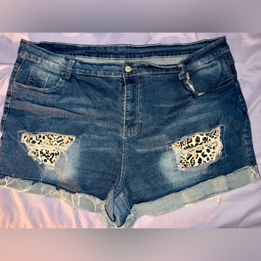 Denim Women's Shorts with Leopard Print Accents